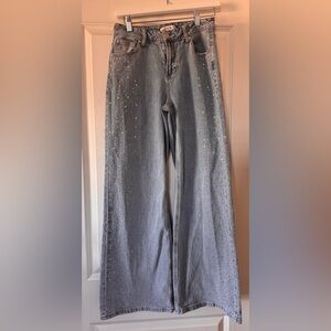 AND NOW THIS Rhinestone Jeans Size 25  High Rise Wide Leg/Flare‎ Y2K Glam Edgy